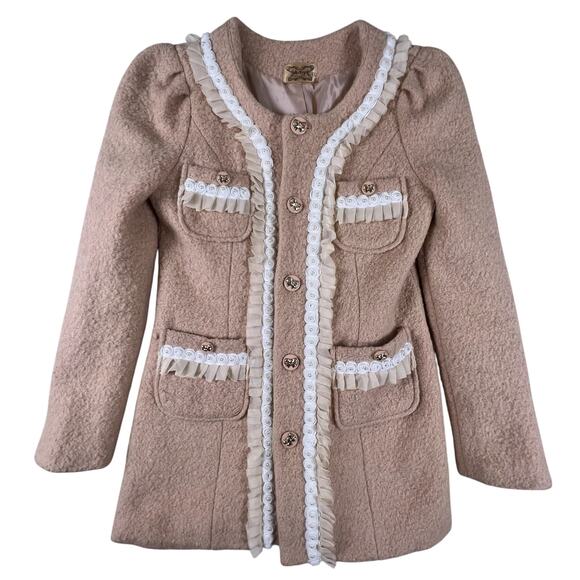 Coquette Blush Lace Trim Coat S Bow Buttons Pearl Detail Korean Made Jacket Amy - Picture 3 of 12